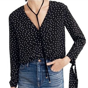 Madewell Size Large 100% Silk Black Star Pattern Button Up Blouse With Ties